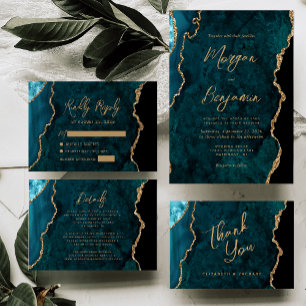 Modern Teal Blue Agate Script Wedding Invitation