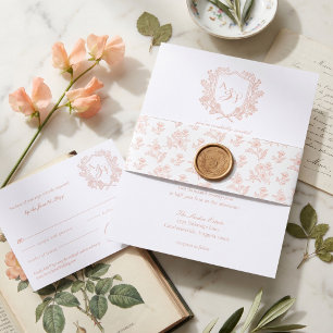Elegant Vintage Floral Crest Monogram Wedding Letterpress Invitation