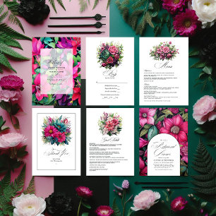 Fuchsia, Emerald Green and Black Floral Wedding Invitation