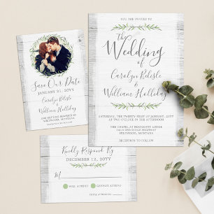 Rustic Wood & Botanical Leaves Wedding Invitation