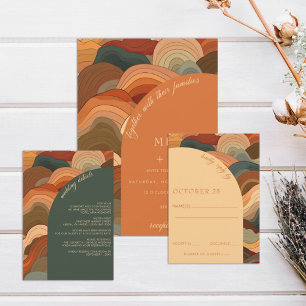 Retro Abstract Waves Terracotta Orange Wedding RSVP Card