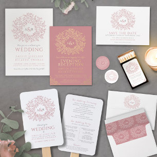 Blush pink gold monogram wedding rehearsal dinner foil invitation