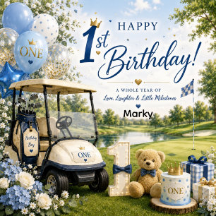 Golf 1 st Birthday with Golf Cart on Putting Green Square Sticker