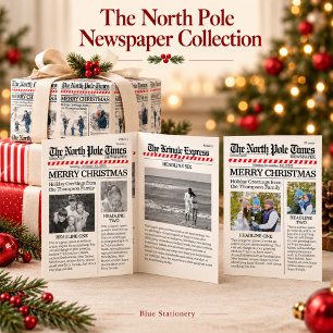 Merry Christmas Multi Photo Fun North Pole News Tri-Fold Holiday Card