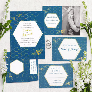 Oh Honey Bee Teal Gold Custom Wedding Invitation
