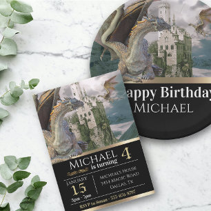 Bronze Dragon Medieval Castle Metallic Birthday Invitation