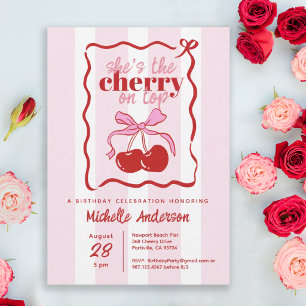 She's the Cherry on Top Pink Bow Birthday Party Acrylic Invitations