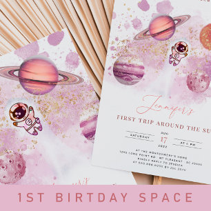 Outer Space Pink Planets Girl First Birthday Invitation