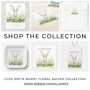 Cute White Easter Bunny and Florals Personalized Label