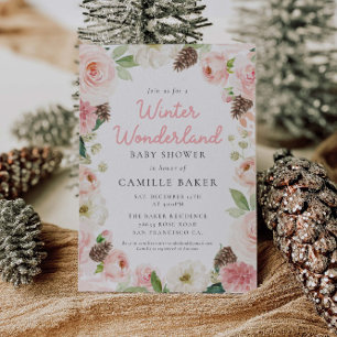 Oh Baby Winter Girl Baby Shower Pink and Gold Foil Foil Invitation