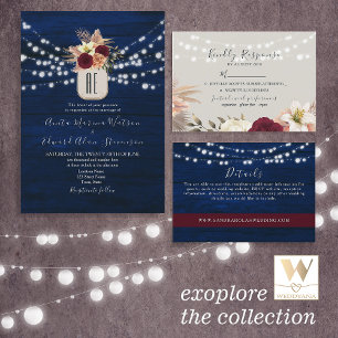 Rustic Navy Blue and Burgundy Floral Wedding All In One Invitation