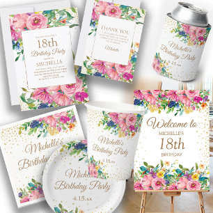 Pink Blue Yellow Floral Birthday Party Paper Cups