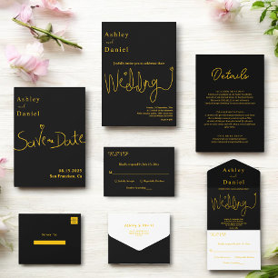Elegant Simple Black And Gold Modern Chic Wedding RSVP Card