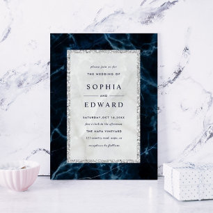 Navy Blue White Marble Wedding Square Invitation