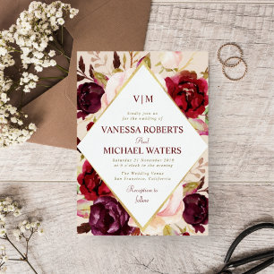 Elegant gold frame burgundy floral wedding invitation