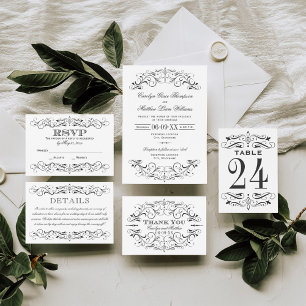 Vintage Black Flourish White Wedding RSVP Card
