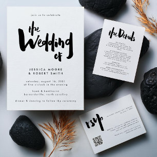 Bold Modern Black Brush Script Wedding QR Code RSVP Card