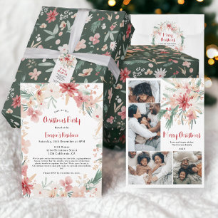 Watercolor Floral Christmas Five-Photo Collage Holiday Card