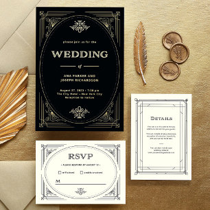 Modern Deco   Elegant Wedding Black and Gold Foil Invitation