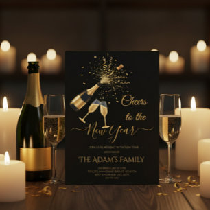  Gold Champagne Cheers New Year Party Invitation