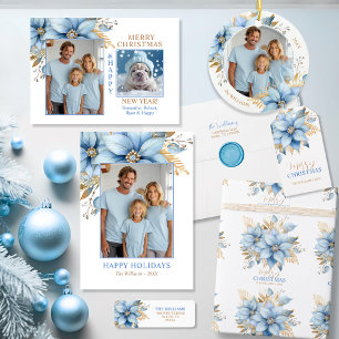 Icy Blue Gold Poinsettia Christmas   2 PHOTO Holiday Card