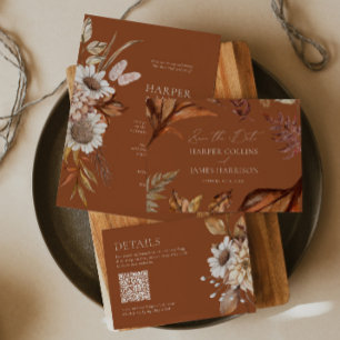 Fall Rustic Boho Terracotta Leaves Wedding Invitation