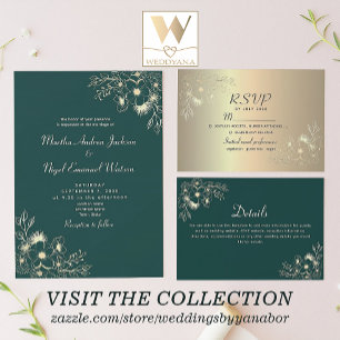 Emerald Green Gold Floral Wedding Invitation