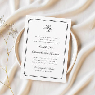 Elegant Monogram Black Script Wedding Reply Invitation Postcard