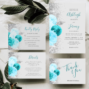 Chic Turquoise Floral Silver Glitter Gray Wedding Invitation