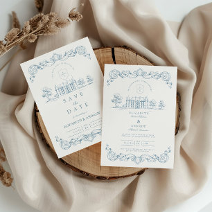 Dusty Blue Chateau Baroque Wedding Invitation