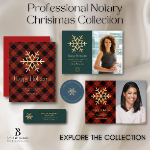Modern Tartan Gold Snowflake Notary Happy Holidays Holiday Postcard