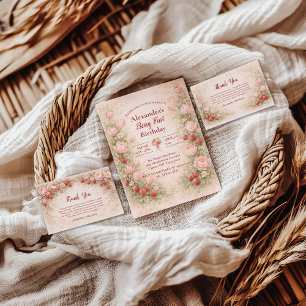 Strawberry Vintage Floral Theme 1st Birthday Invitation