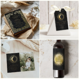 Celestial Midnight Black Stars Moon Wedding Foil Invitation