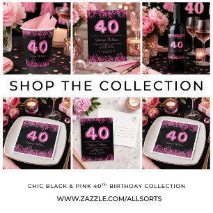 Chic Pink Glitter Black 40th Birthday  Keychain