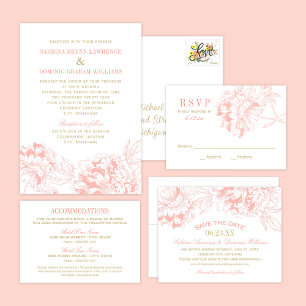 Elegant Coral and Gold Floral Peony Wedding Invitation