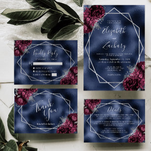 Navy Blue Foil Burgundy Silver Floral Wedding Invitation