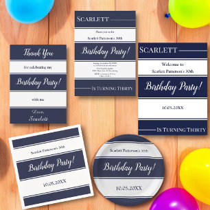 Modern Navy Blue White Stripes Elegant Birthday Napkins