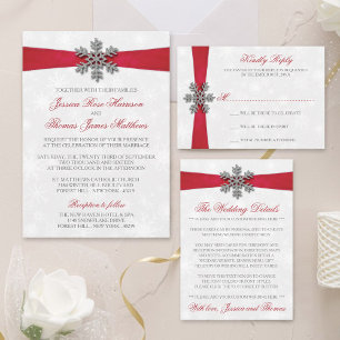 Diamante Snowflake & Red Ribbon Winter Wedding Invitation