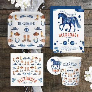 Cute Blue Red Rodeo Horse Cowboy Watercolor Name Napkins