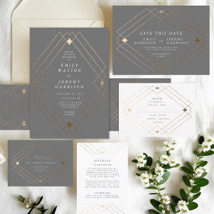 Gray & White   Gold Deco Lines Save The Date Announcement