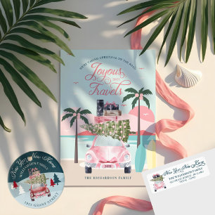 Warm Wishes Tropical Palm Trees & Pink Retro Car Holiday Card