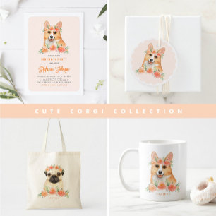 Cute Watercolor Corgi and Peach Flowers Birthday Napkins