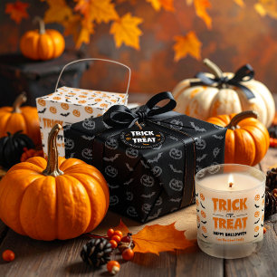 Pumpkin Bat Trick or Treat Gray on Black Pattern Wrapping Paper Sheets