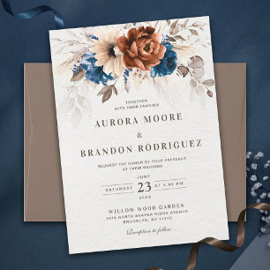 Terracotta Navy Blue Pampas Grass Rustic Wedding Place Card