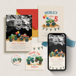 Monster Truck Watercolor Kids Birthday Party Invitation