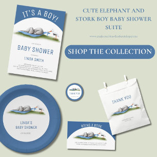 Cute Blue Elephant Boy Baby Shower Paper Plates