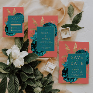 Elegant Floral Teal Blue Coral Gold Wedding Invitation