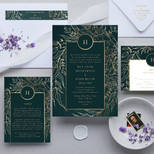 Monogram Customizable Emerald Green Wreath Wedding Foil Invitation
