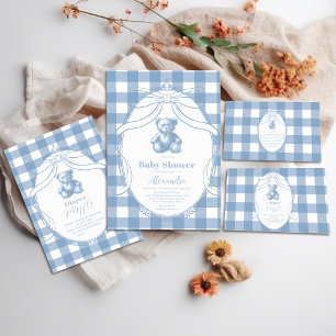 Gingham French Teddy Bear Baby Shower Invitation