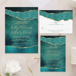 Elegant Turquoise & Gold Agate Wedding Invitation